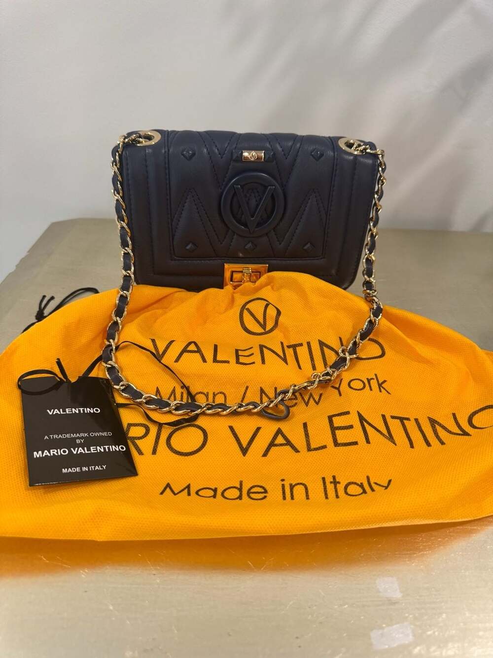 Valentino by Mario Valentino Navy Leather Chain Crossbody Bag
